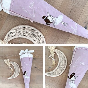 Cône d'école brodé - ballerine avec jupe 3D - pois or blanc / dentelle vieux rose / pois or lilas personnalisé par Sharlene Babymode