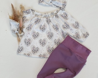 SET - Leo Herz - Bluse - lang- oder kurzarm - mit Stirnband und Jogger Pants (lila) - von Sharlene Babymode - Handmade in Germany