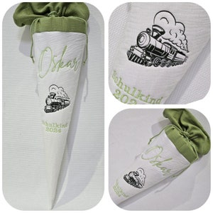 Cône d'école brodé / locomotive à vapeur / mousseline verte - mousseline blanc crème personnalisée par Sharlene Babymode - Fait main