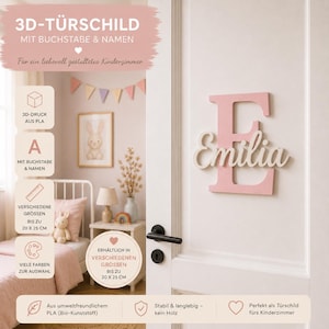 Könnte beinhalten: Ein 3D-gedrucktes Türschild mit einem großen rosa Buchstaben E und dem Namen Emilia in weißer Schreibschrift darauf. Das Schild ist an einer weißen Tür befestigt. Der Text auf dem Bild umfasst 3D-TÜRSCHILD, MIT BUCHSTABE & NAMEN und 3D-DRUCK AUS PLA.