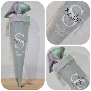 Cornet d'école simple - Mousseline menthe avec lettre blanche et nom noir - Avec tulle arc-en-ciel menthe-rose - par Sharlene Babymode