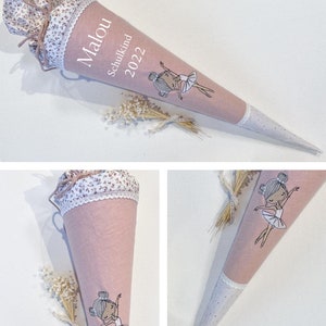 Schultüte Ballerina / Mädchen / Tänzerin / Schultüte mit Namen Rose Weiß Blumen Rose Leinen Weiß Gold Punkte mit Spitze Sharlene Babymode
