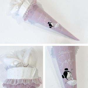 Cône d'école brodé écolier - ballerine avec jupe 3D - pois dorés avec tulle et ourlet à volants/pois dorés lilas - avec date - par Sharlene