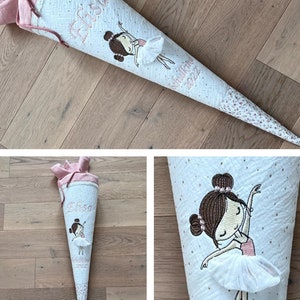 Bestickte Schultüte Rosa Mädchen Ballerina / Tänzerin 3D Rock - Schultüte Rose /Musselin Gold Punkte/Rose Weiß Blumen von Sharlene Babymode