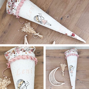 Cône d'école brodé filles pissenlit - fleurs / volants lin rose / pois or blanc / fleurs avec dentelle / par Sharlene Babymode