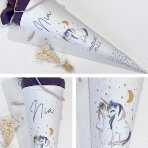 Bestickte Schultüte Mädchen mit Einhorn Zuckertüte - Schultüte Lila Leinen /Musselin Gold Punkte / Flieder Weiß Blumen von Sharlene Babymode