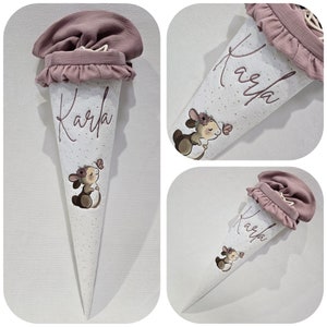 Cône brodé pour école ou garderie pour filles - cornet de bonbons - lapin - vieux rose avec ourlet à volants / mousseline pois dorés personnalisé par Sharlene