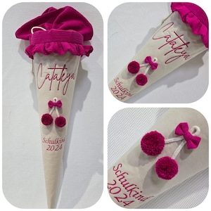 Cornet d'école - cerises avec noeuds / nom et écolier 2024 - mousseline rose avec ourlet à volants / coton beige - par Sharlene Babymode