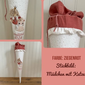 Cône d'école princesse & chat brodé et cheveux 3D. Disponible dans de nombreuses couleurs chez Sharlene Babymode - fait main en Allemagne