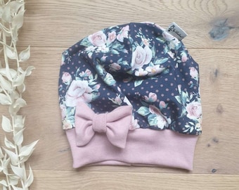 SET Bow Hat & Loop - Blue Flower Dots (Altrose Bund) - Baby Hat, Winter, Autumn, Spring, Baby Hat, Sharlene Babymode