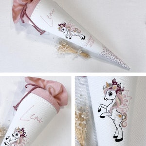 Cornet d'école brodé fille licorne / cornet à sucre licorne - cornet d'école rose lin / gaufré blanc / fleurs roses blanches par Sharlene Babymode