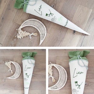 Cône d'école brodé garçon / dinosaure Dinos - Mousseline verte crème personnalisée par Sharlene Babymode