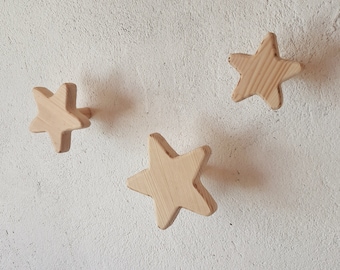 Pine Wood Star Wall Hooks - Kids Room Decor - Set of Three