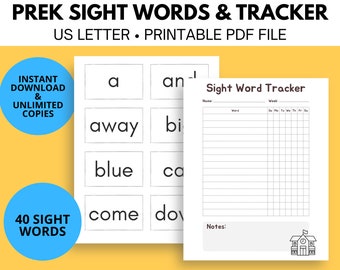 40 PreK Dolch Sight Word Flashcards & Tracker | Printable