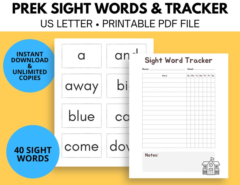 40 Prek Dolch Sight Word Flashcards &amp; Tracker | Printable - Etsy
