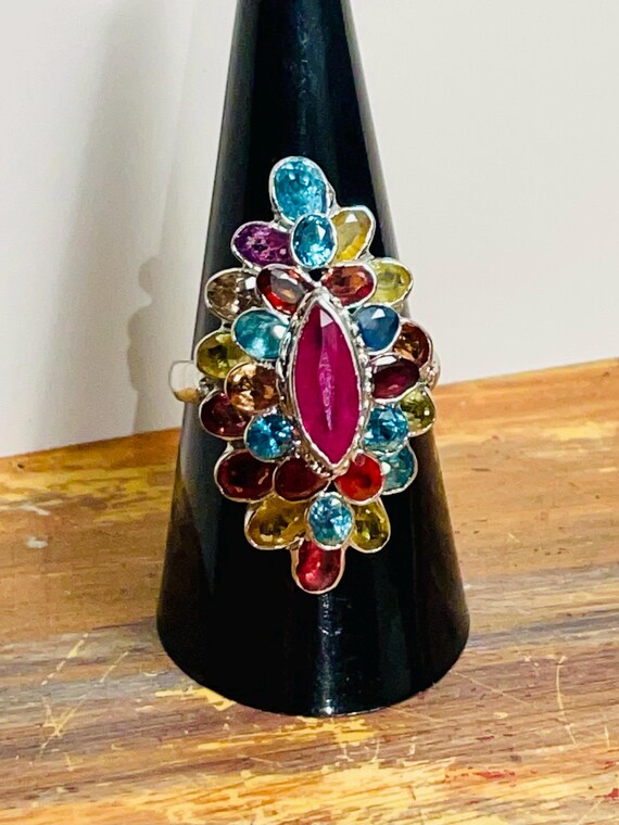 Vintage Sterling Silver Multi Gemstone Ring, Size… - image 3