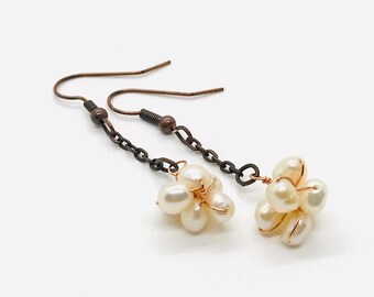 Handmade Pearl and Copper Dangle Earrings Freshwater Pearl Earrings Handcrafted Earrings Copper Earrings Pearl Earring Pearl Jewelry