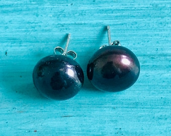 Black Freshwater Pearl Earrings Stud Earrings Pearl Jewelry Pearl Earrings Black Earrings Genuine Pearl Earrings Large Pearl Earrings