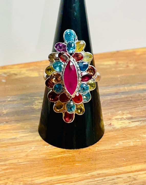 Vintage Sterling Silver Multi Gemstone Ring, Size… - image 1