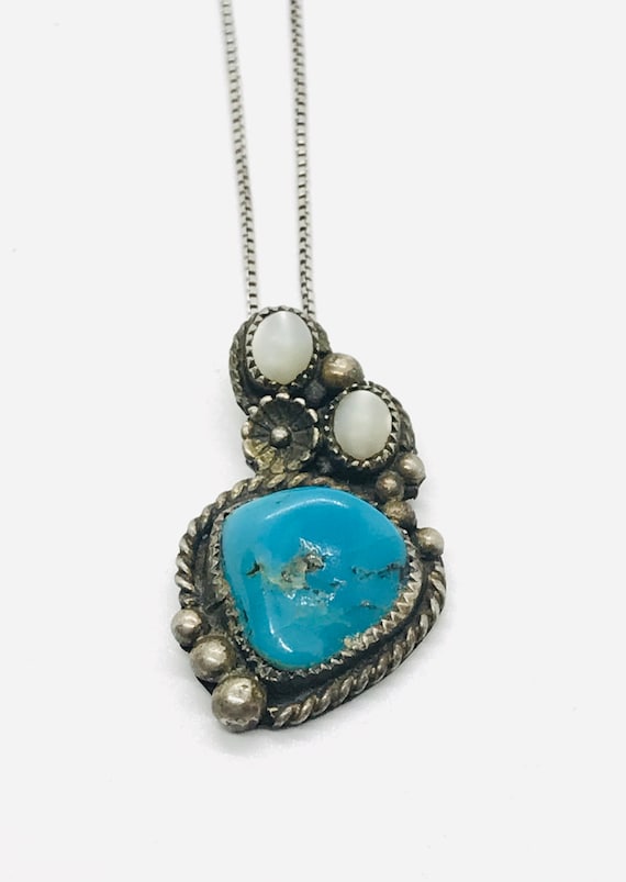 Vintage Sterling Silver Turquoise Pendant Necklace