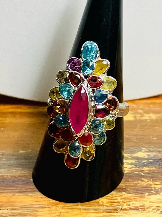 Vintage Sterling Silver Multi Gemstone Ring, Size… - image 4
