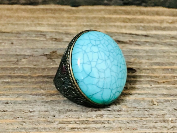 Vintage Brass Statement Ring, faux turquoise ring,
