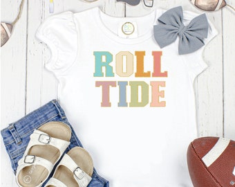 Roll Tide Faux Patch Letters/ Alabama/ SEC Football/Sibling/Monogram/Ruffle/Baby/Kid/Toddler/Children/Shirt/Onesie/Bubble/Gown/Romper