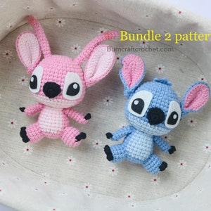 May include: Two crocheted plush toys in a basket. One is pink with black eyes and a black nose. The other is blue with black eyes and a black nose. The text "Bundle 2 patterns" and "Bumcraftcrochet.com" is visible in the image.
