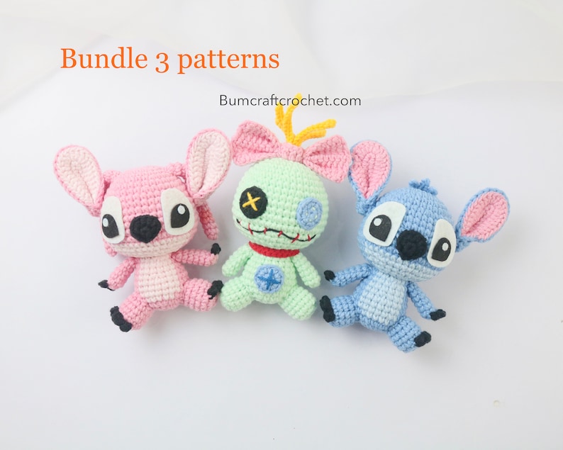 May include: A bundle of three crochet patterns for making amigurumi Stitch characters. The characters are pink, green, and blue. The text "Bundle 3 patterns" and "Bumcraftcrochet.com" is visible in the image.