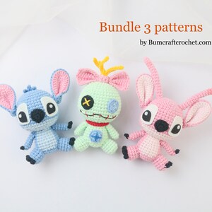 May include: A bundle of three crochet patterns for making amigurumi characters. The characters are Stitch, Angel, and Experiment 626. The patterns are available for purchase on the website Bumcraftcrochet.com.