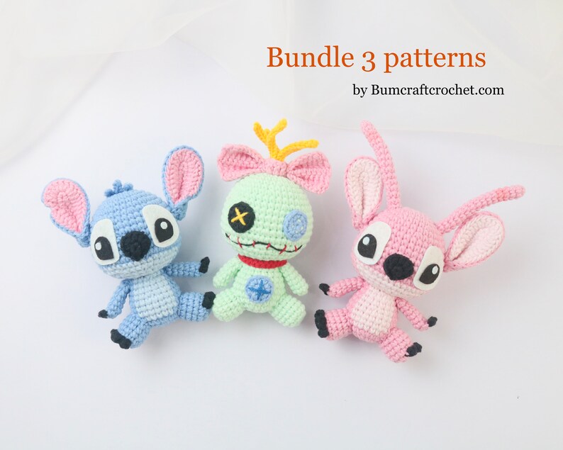 May include: A bundle of three crochet patterns for making amigurumi characters. The characters are Stitch, Angel, and Experiment 626. The patterns are available for purchase on the website Bumcraftcrochet.com.