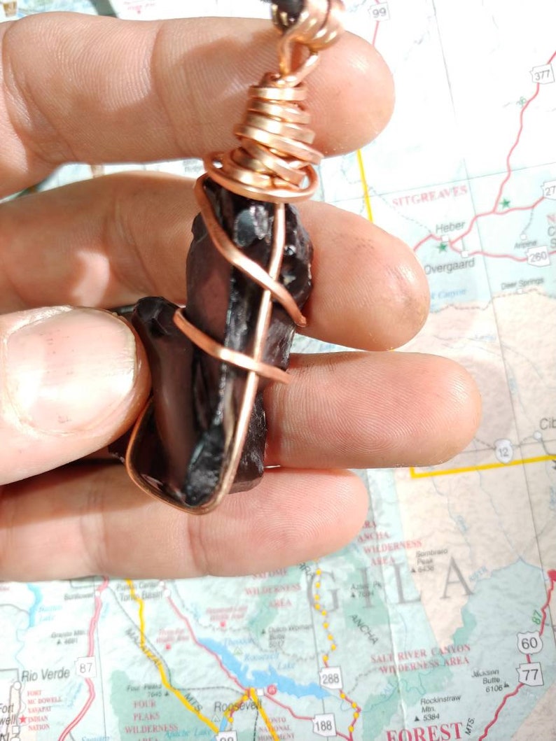 Natural obsidian totem in hand-hammered copper