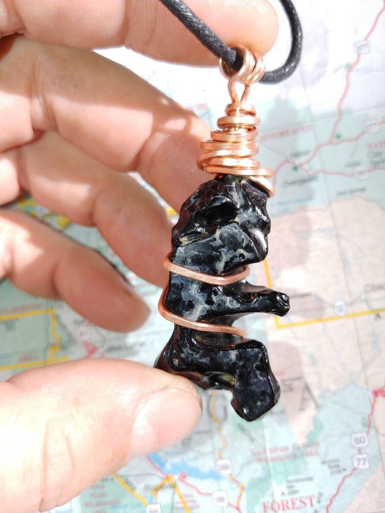 Natural obsidian totem in hand-hammered copper
