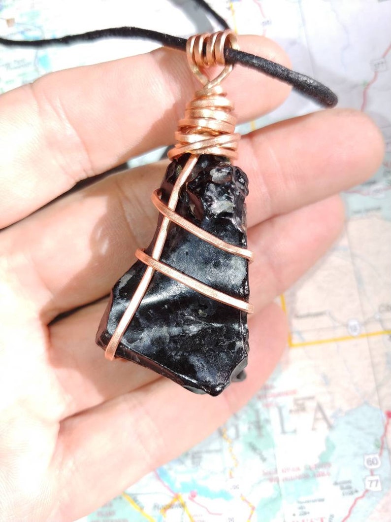 Natural obsidian totem in hand-hammered copper