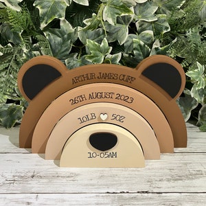 Personalised Wooden Stacking Bear Baby Gift New Baby Keepsake / Gift Nose/Ears