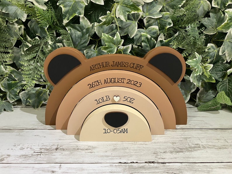 Personalised Wooden Stacking Bear Baby Gift New Baby Keepsake / Gift Nose/Ears