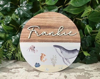 Personalised Wooden Under The Sea Circle Name Plaque