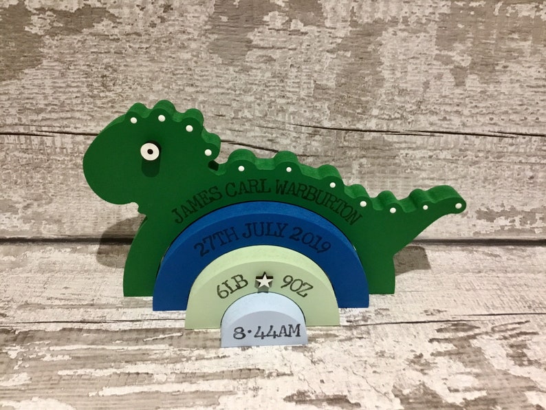 Personalised Wooden Stacking Dinosaur Baby Gift New Baby Keepsake / Gift James