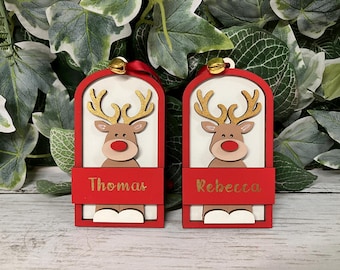 Hand-Painted Wooden Christmas Reindeer In A Stable – Personalised Tree Decorations & Gift Tags