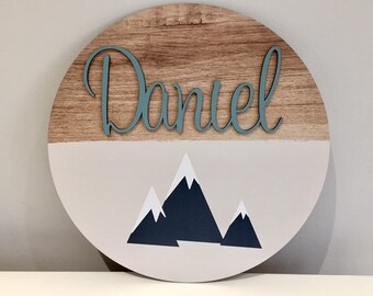 Personalised Wooden Mountain Circle Name Plaque - Wall Decor