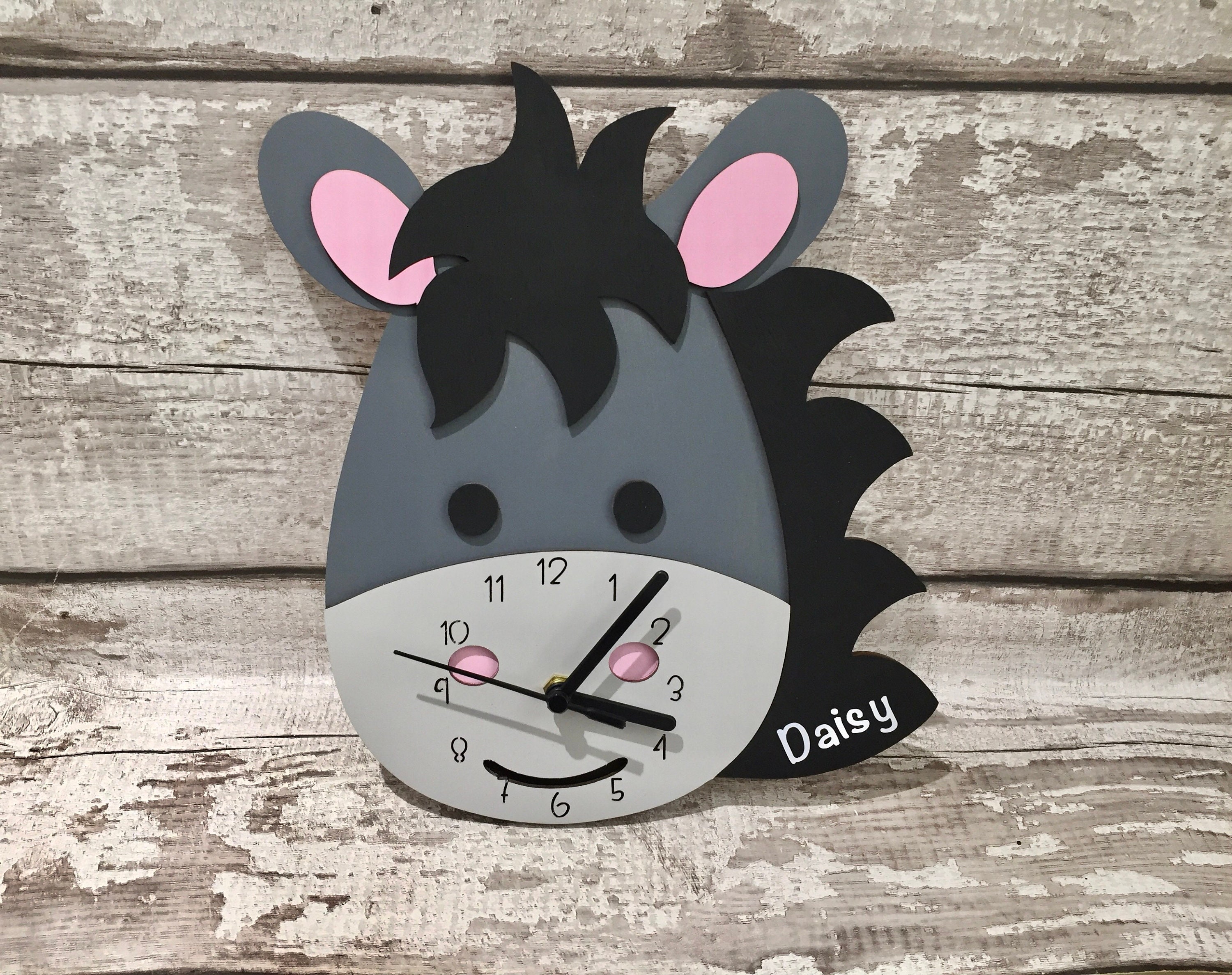 Donkey Clock Personalised Wooden Childrens Clock Nursery Etsy