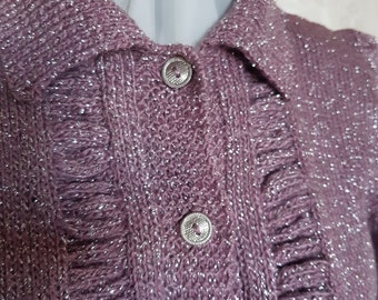 1940's 1950's cardigan, dusky lilac with silver thread, longer length Tall, 34"- 36" size 8-10-12