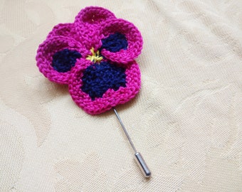 Knitted Flower Brooch, Hatpin, Pansy, Retro 40's, 50's style