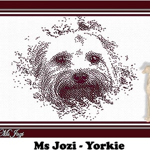 May include: A black and white pixelated image of a Yorkshire Terrier's face, with the text "Ms Jozi - Yorkie" below the image.