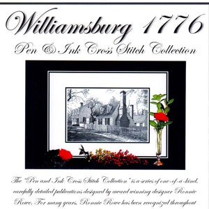 Puede incluir: Ilustración en blanco y negro de una casa de época colonial con una flor roja en un jarrón. La imagen se titula "Williamsburg 1776 Pen & Ink Cross Stitch Collection" e incluye el texto "Ronnie Rowe Designs" con información de contacto.