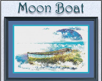 NEW for Fall 2022- Moon Boat - With a shadow of a blue moon in small boats sits lightly on a marsh.