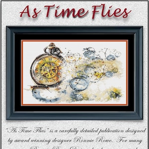 May include: Framed needlework art titled "As Time Flies" featuring a detailed pocket watch design. The artwork shows a pocket watch with Roman numerals, with other clocks fading away. The text "As Time Flies" is at the top.