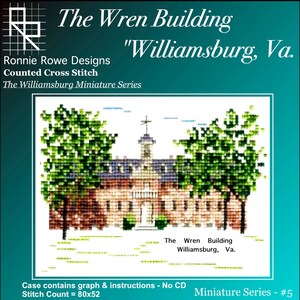 Peut inclure: Modèle de point de croix pour le bâtiment Wren à Williamsburg, en Virginie. Le modèle fait partie de la série Williamsburg Miniature et comprend un graphique et des instructions. Le nombre de points est de 80x52.