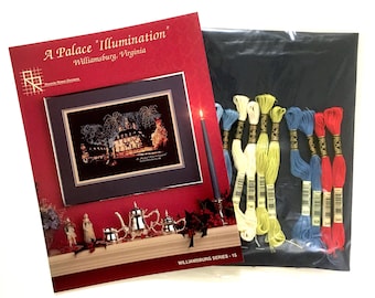 A Palace "Illumination" Kit - Williamsburg, VA. -  Book, Material (21x15, Dark Navy Blue), Needle, 11 Skeins of DMC Floss - Fantastic Price!