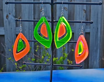 Neon Acrylic Wing Shape 1/4" Thick, Fluorescent Pink and Green Geometric Earrings, Laser Cut Earrings in Neon Pink and Green